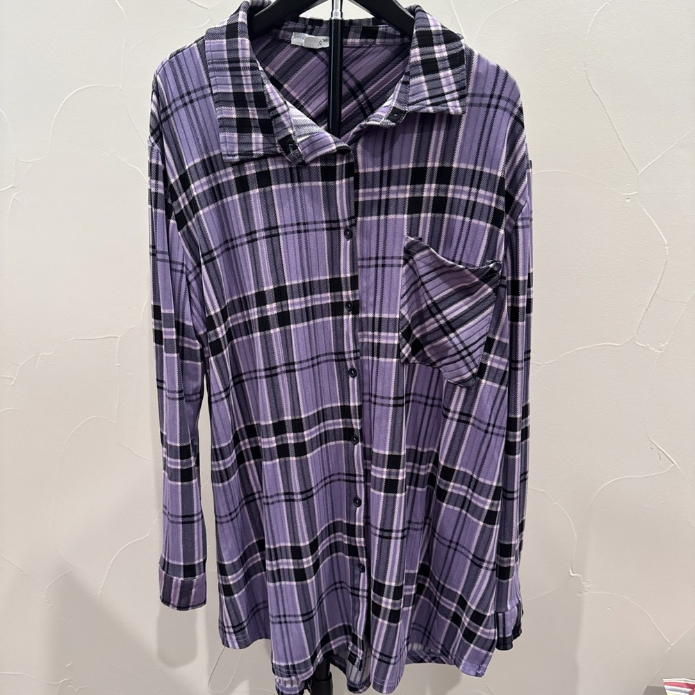 Orange Kiss Purple Plaid Button Up Shirt Women's 1X Soft And Stretchy